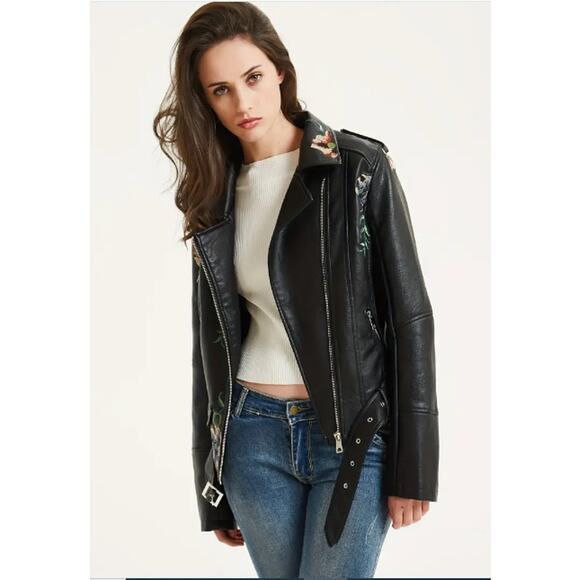 Bellivera Jackets & Blazers - Bellivera Faux Leather Floral Embroidered Vegan Motorcycle Jacket Black Size XXL